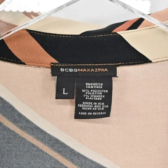 BCBGMAXAZRIA Dress Sz L Brown Stripe Floral Collared Faux Wrap Long Sleeve Midi - Picture 8 of 12